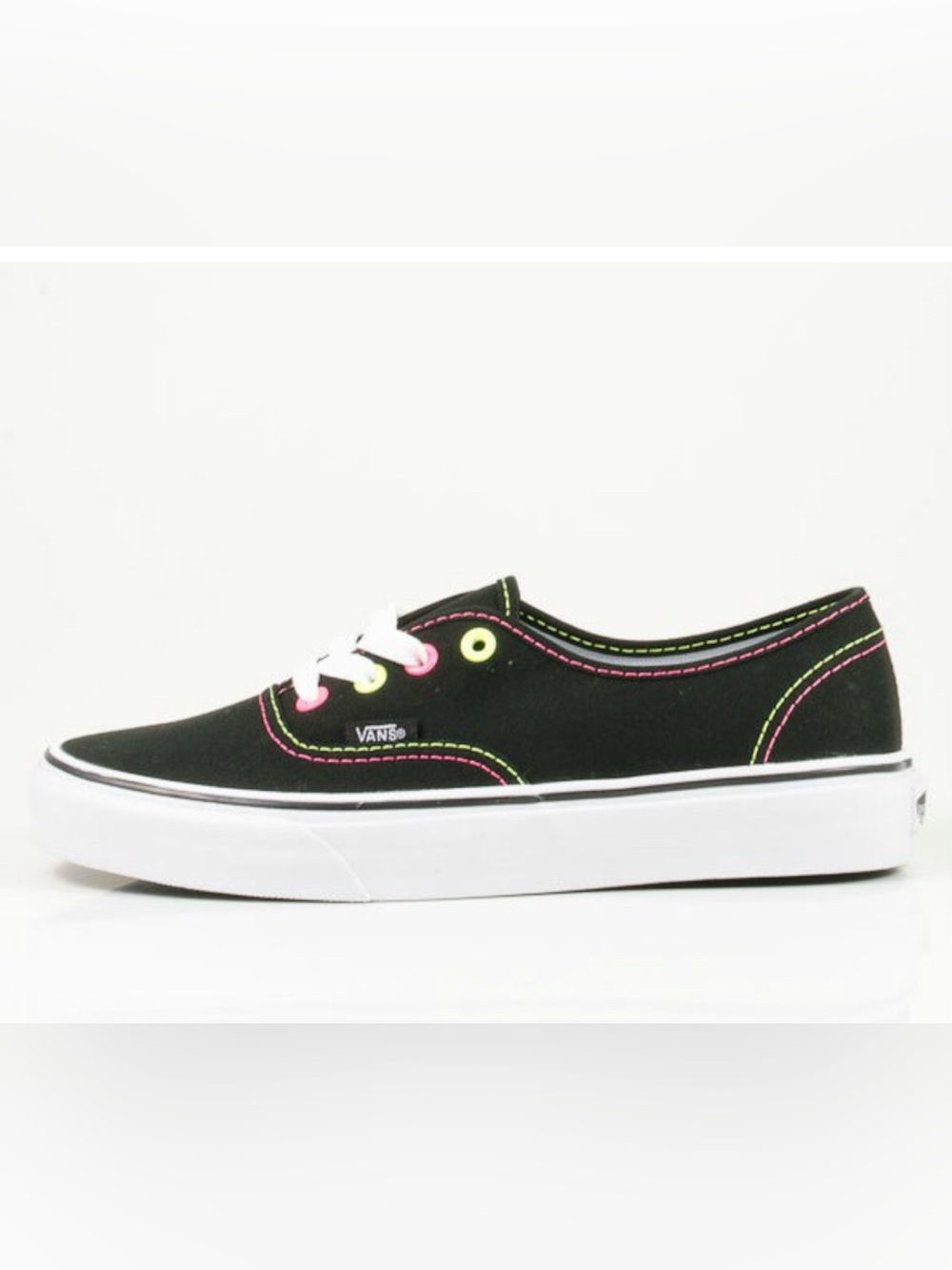 Vans Black Canvas Low-Top Sneakers with Neon Pink and Neon Yellow Accents size 6